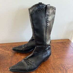 Stephane Kelian black genuine leather knee-high point toe cowboy boots US 8-8.5